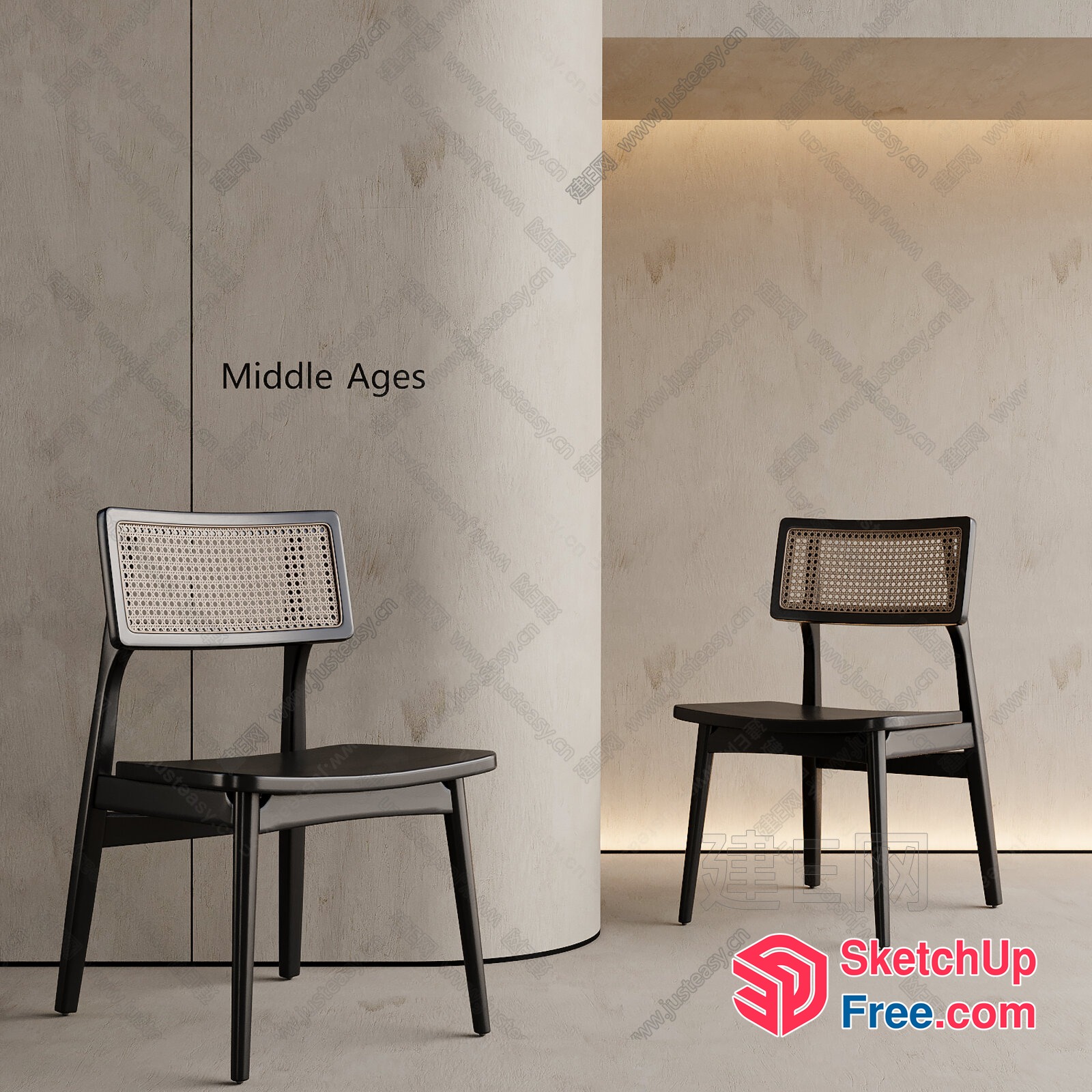 Modern Mid-Century Minimalist Black And Rattan Chairs 3D SketchUp File