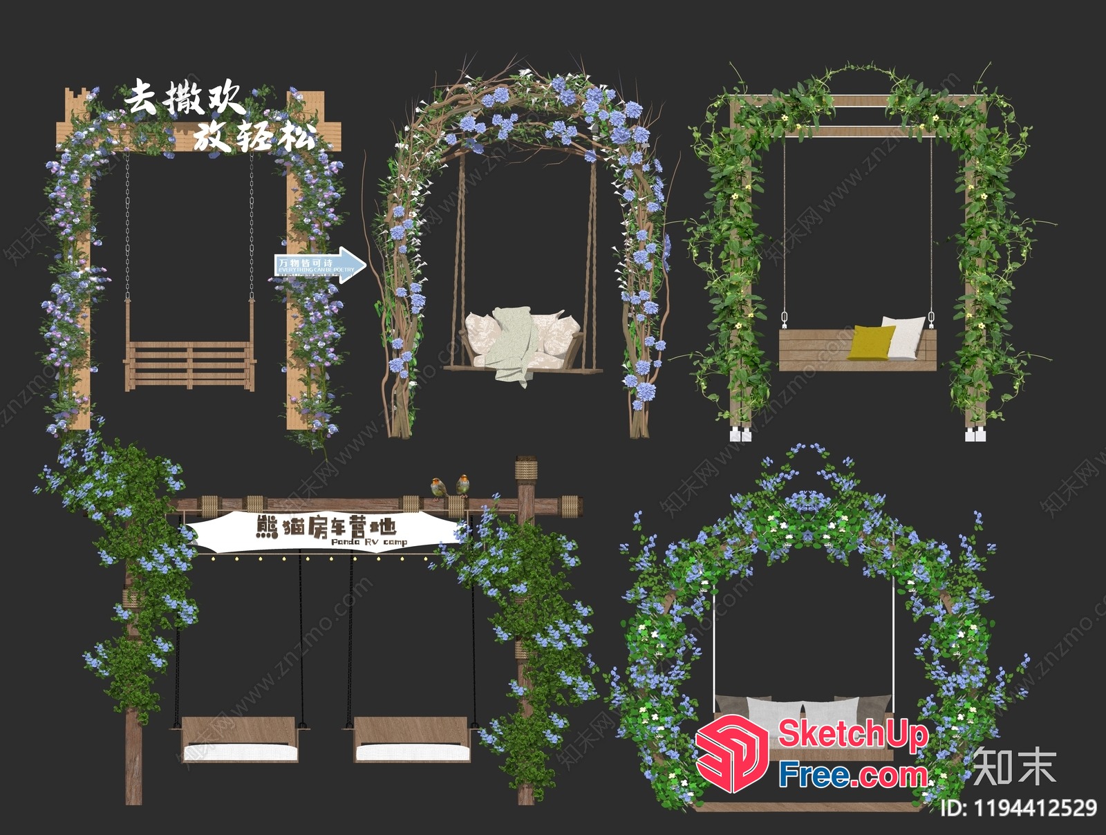 Elegant Outdoor Swing With Blue Flowers And Greenery 3D SketchUp File