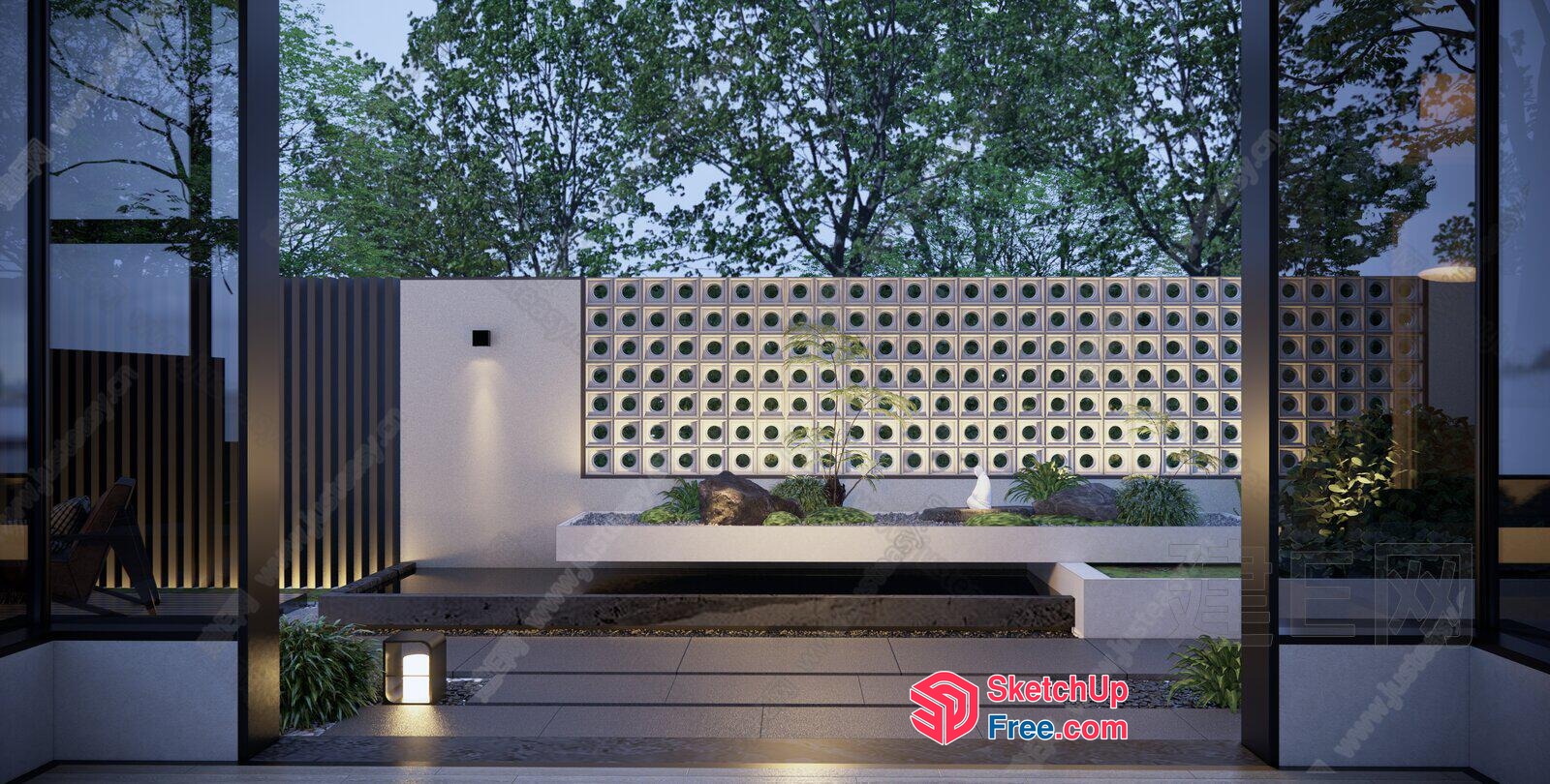 Modern Glass Brick And Glass Curtain Wall Exterior 3D SketchUp File