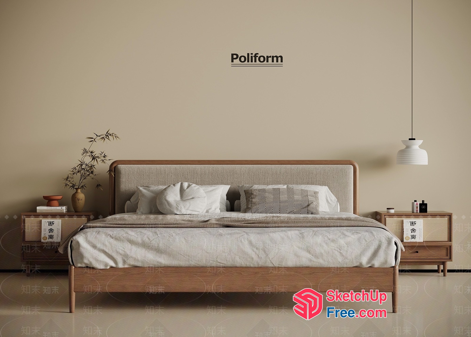 Minimalist Style Bed With Pillows And Bedside Tables 3D SketchUp File