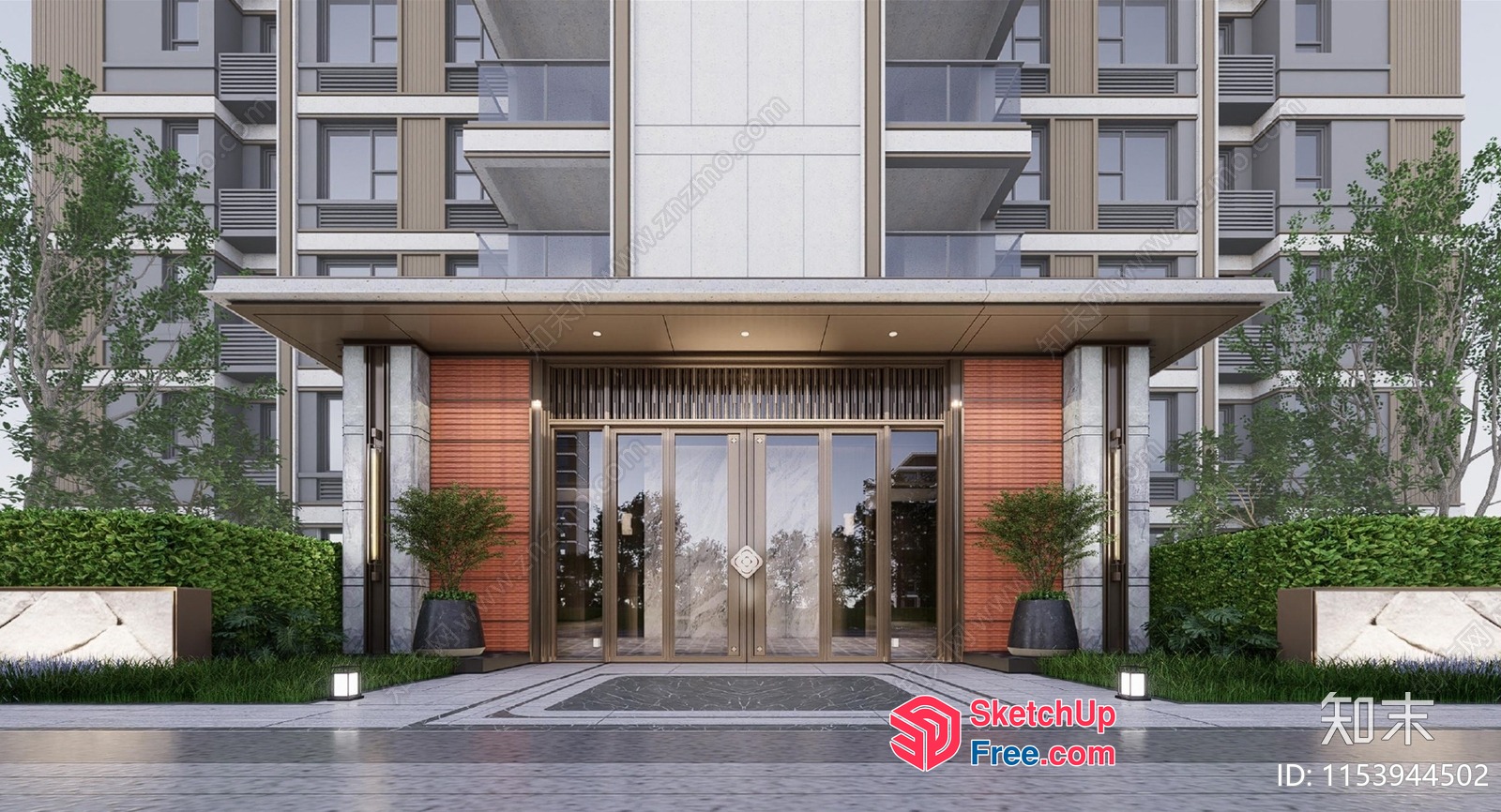 Modern Apartment Building Entrance With Glass Doors And Windows 3D SketchUp File