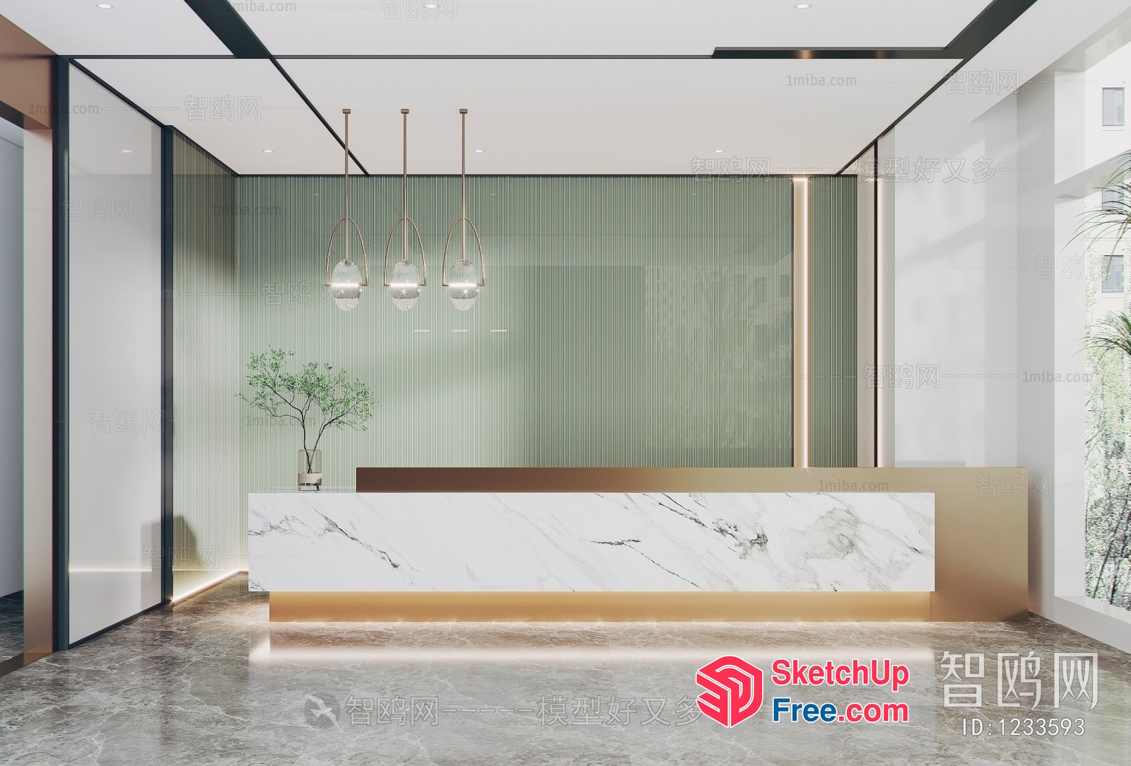 Modern Reception Desk With Marble And Glass Wall 3D SketchUp File
