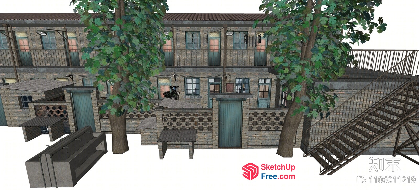 Brick Building With Stairs And Trees 3D SketchUp File