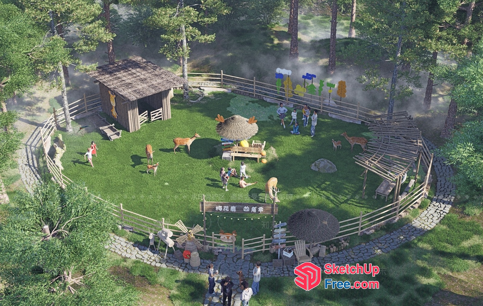 Cozy Outdoor Animal Enclosure With Rustic Hut 3D SketchUp File