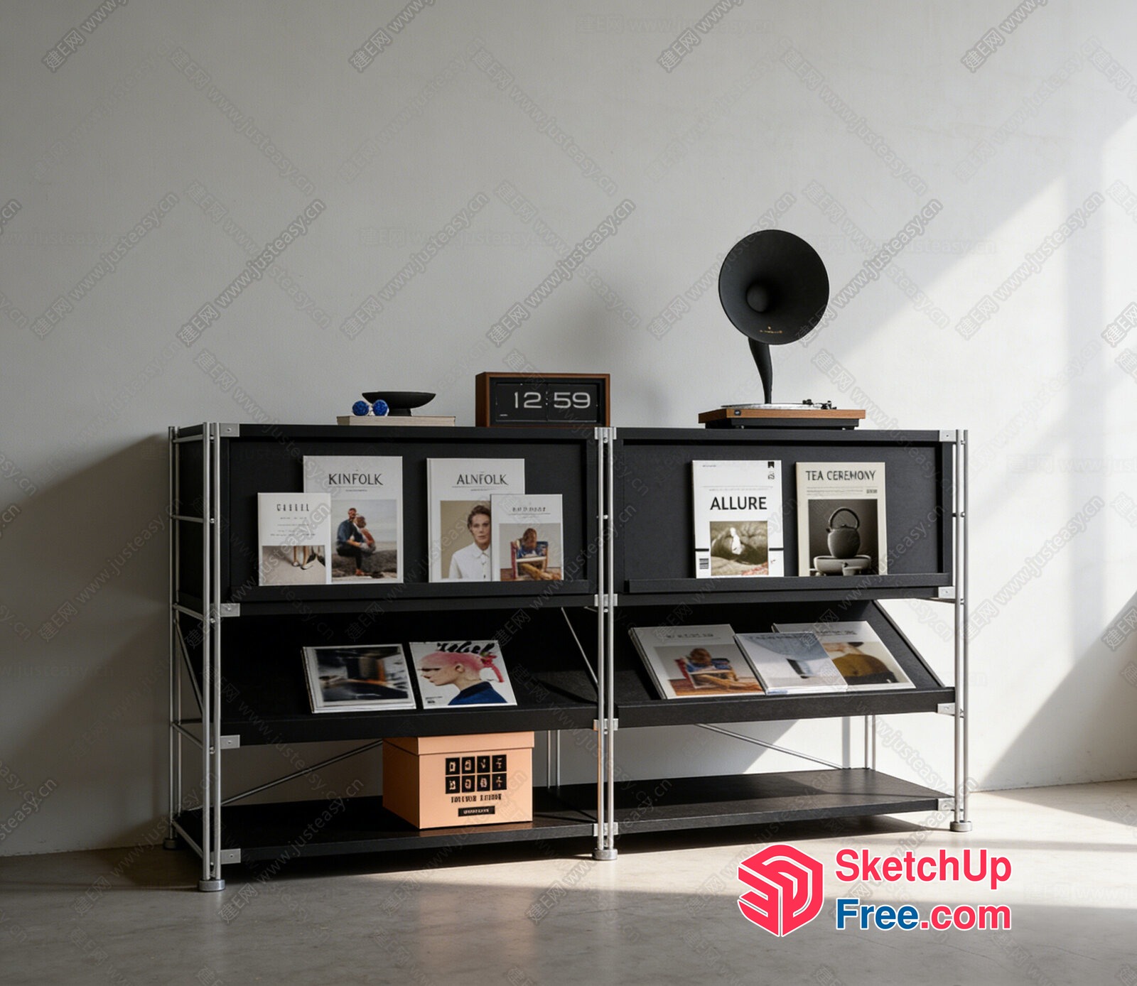Modern Shelving Unit With Magazine Display And Clock 3D SketchUp File