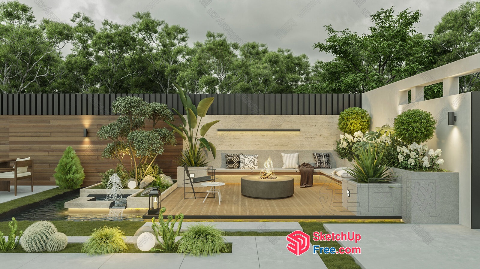 Modern Outdoor Living Space With Water Feature 3D SketchUp File