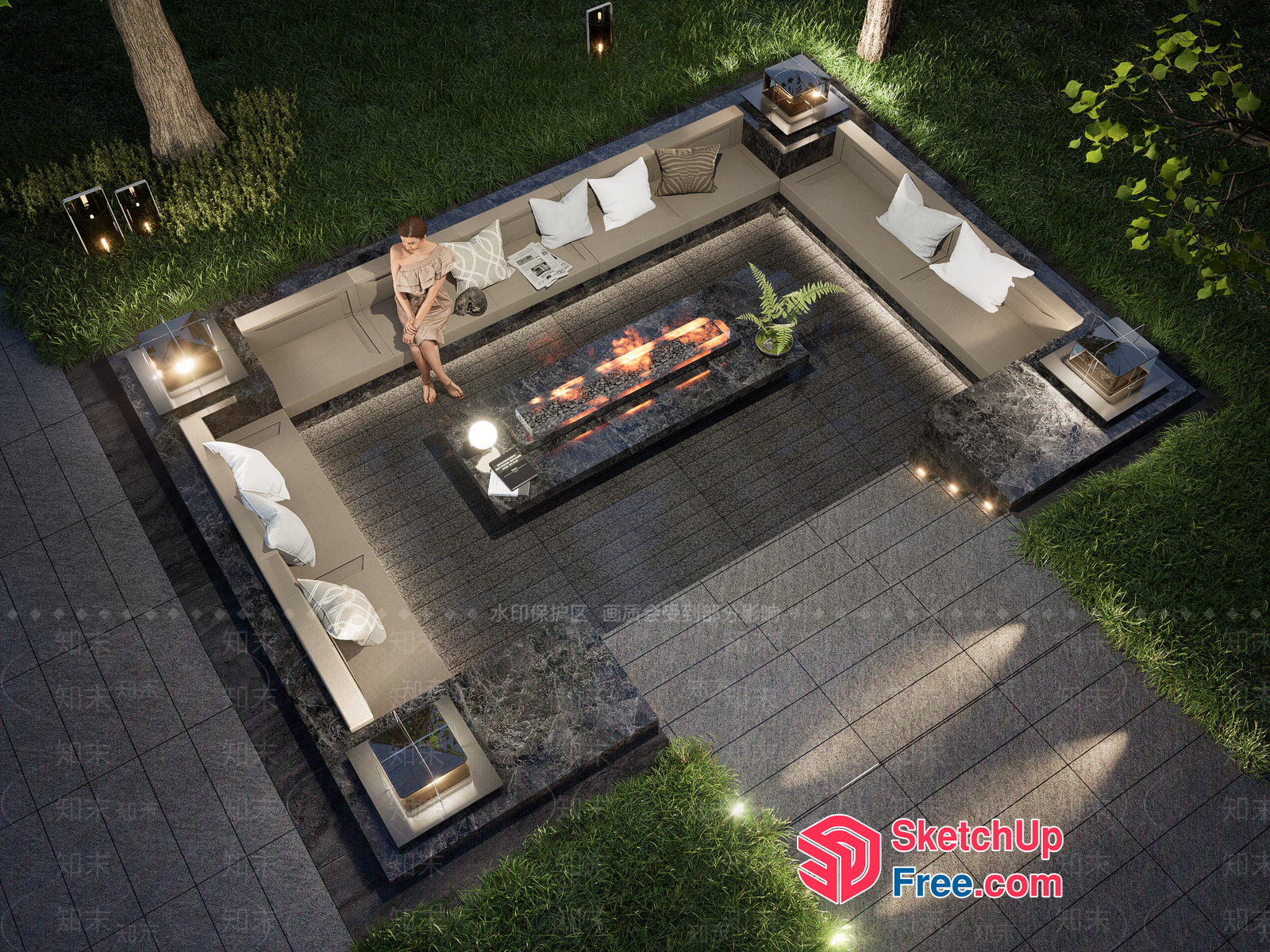 Modern Outdoor Seating Area With Fire Pit And Pillows 3D SketchUp File