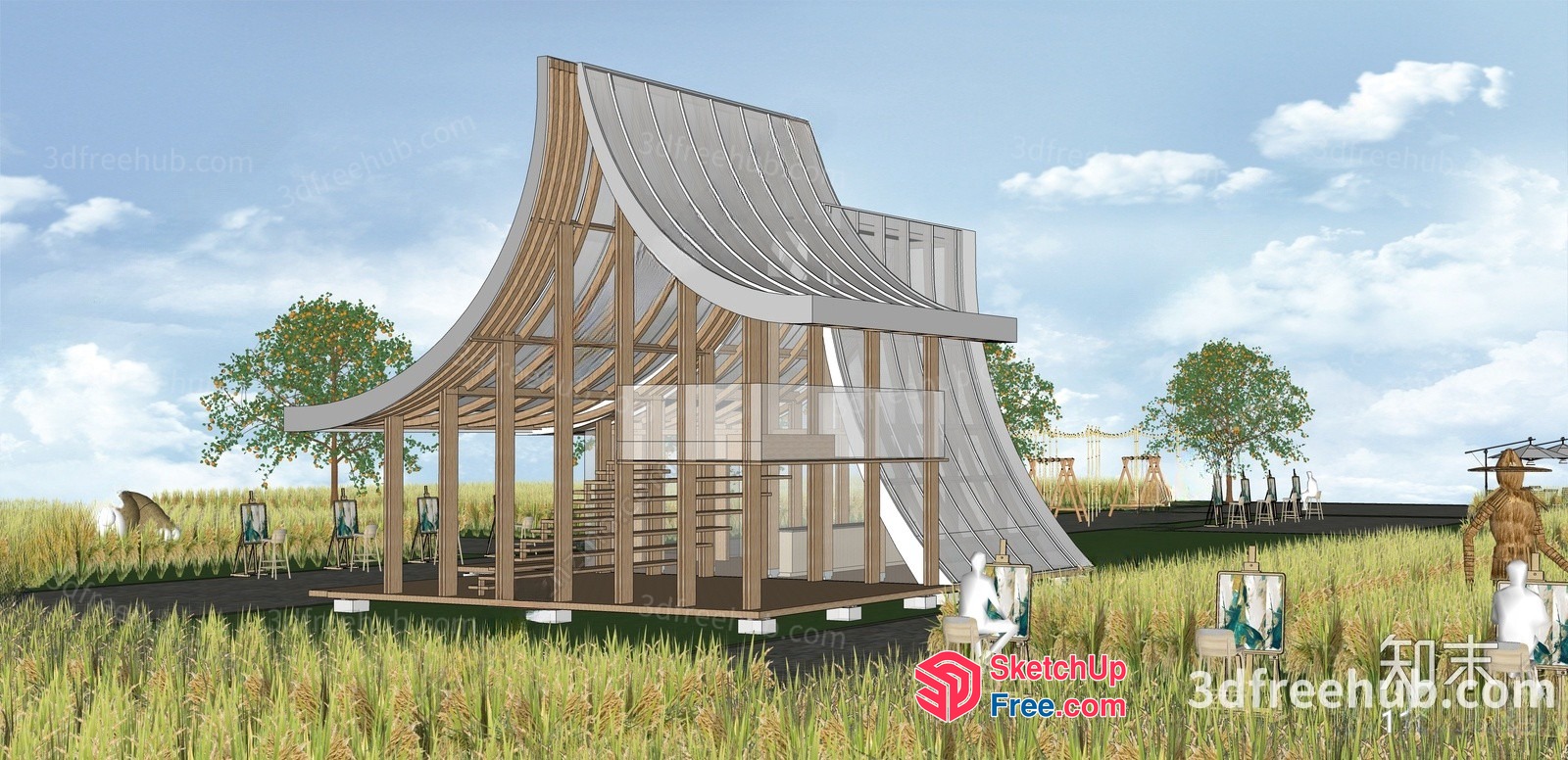 A Modern, Open-Plan Homestay With A Unique Roof Design 3D SketchUp File