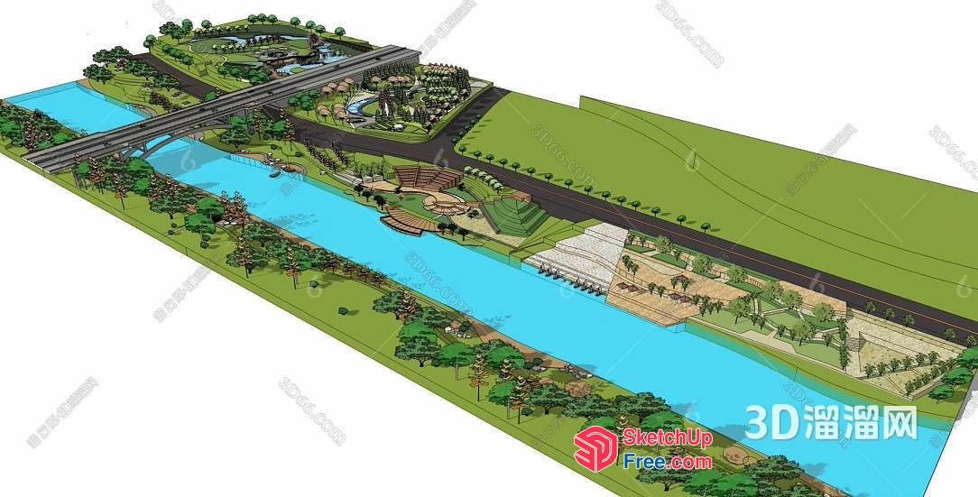 3D Rendering Of A Park With A River And Bridge 3D SketchUp File