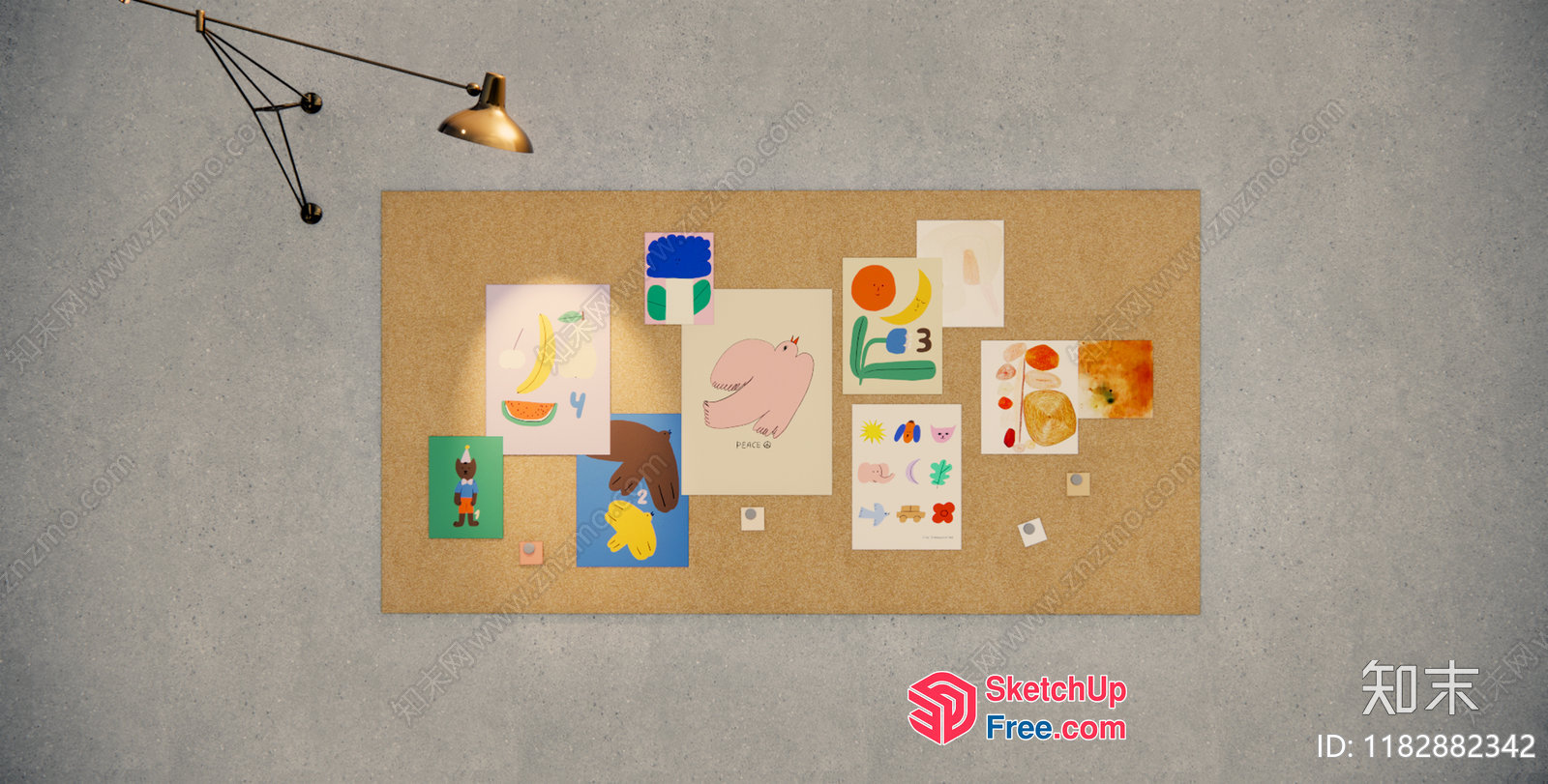 A Collection Of Colorful Posters On A Brown Bulletin Board 3D SketchUp File