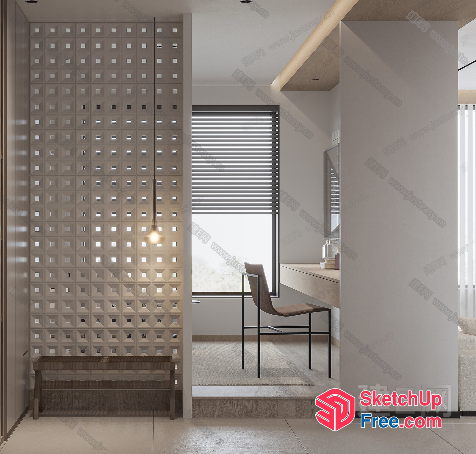 Modern Minimalist Study Room With Glass Brick Wall 3D SketchUp File