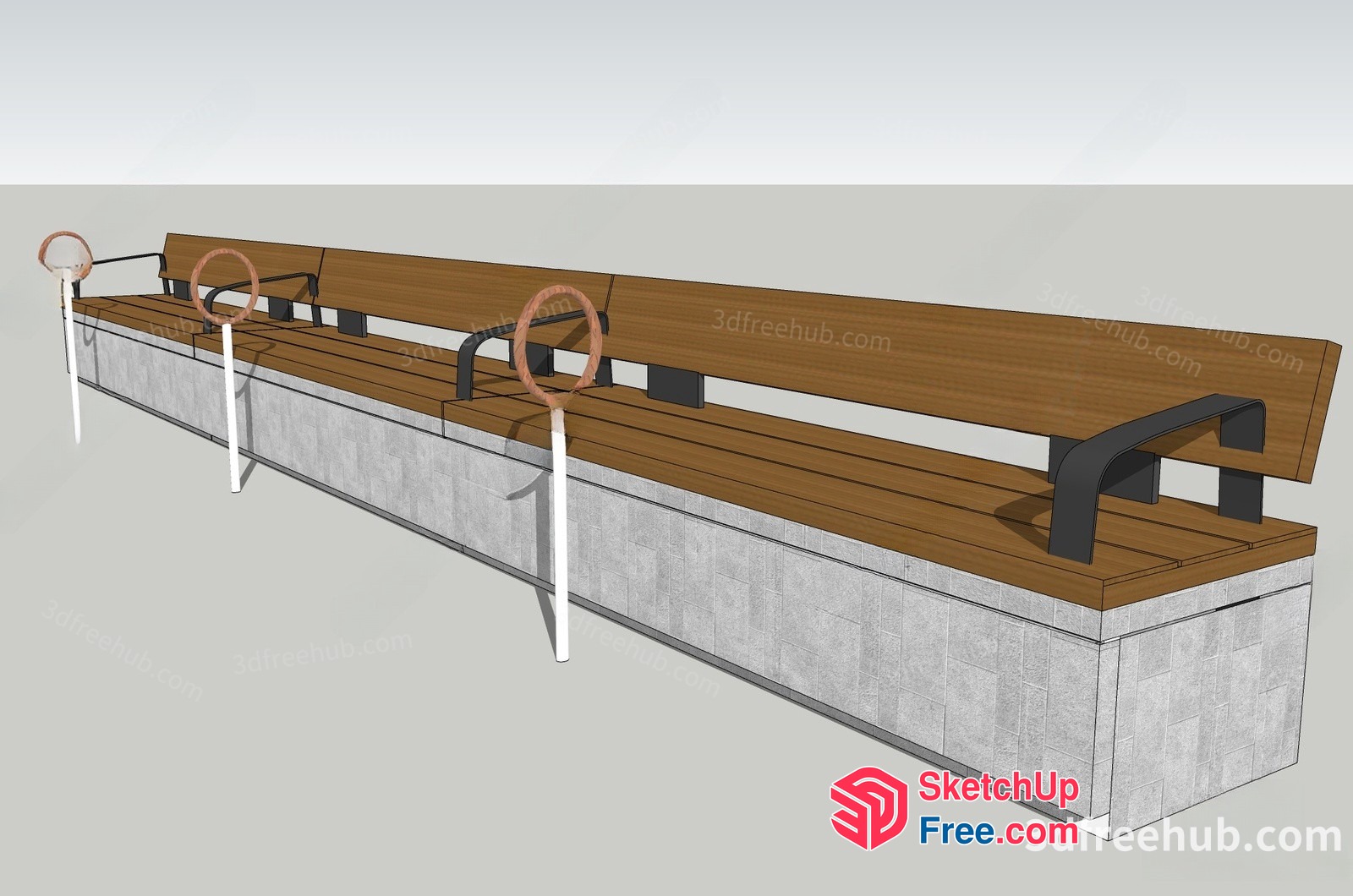Long Wooden Bench With Metal Armrests And Ring Handles 3D SketchUp File