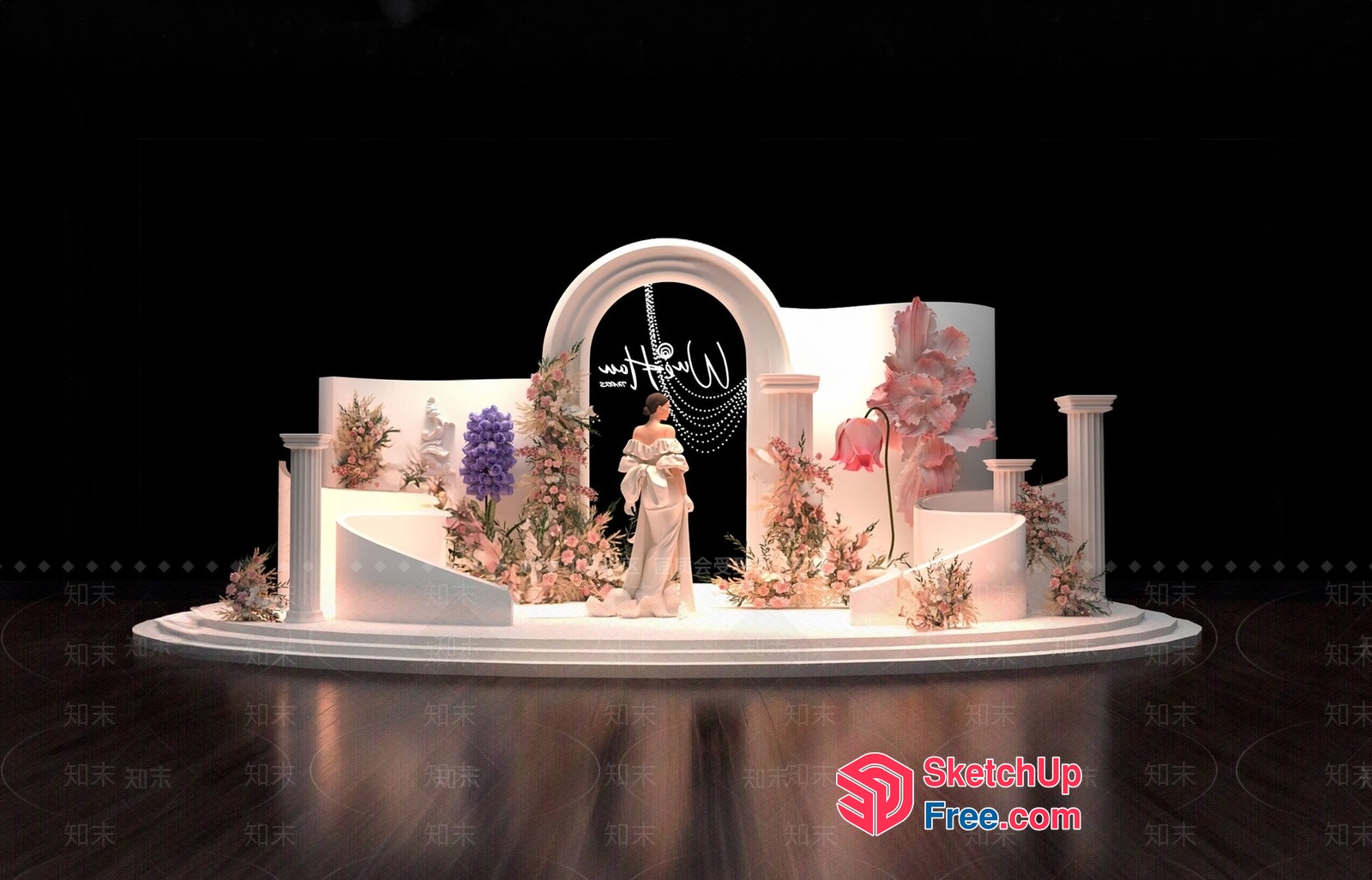 Elegant Stage Decor With Floral Arrangements And Pillars 3D SketchUp File