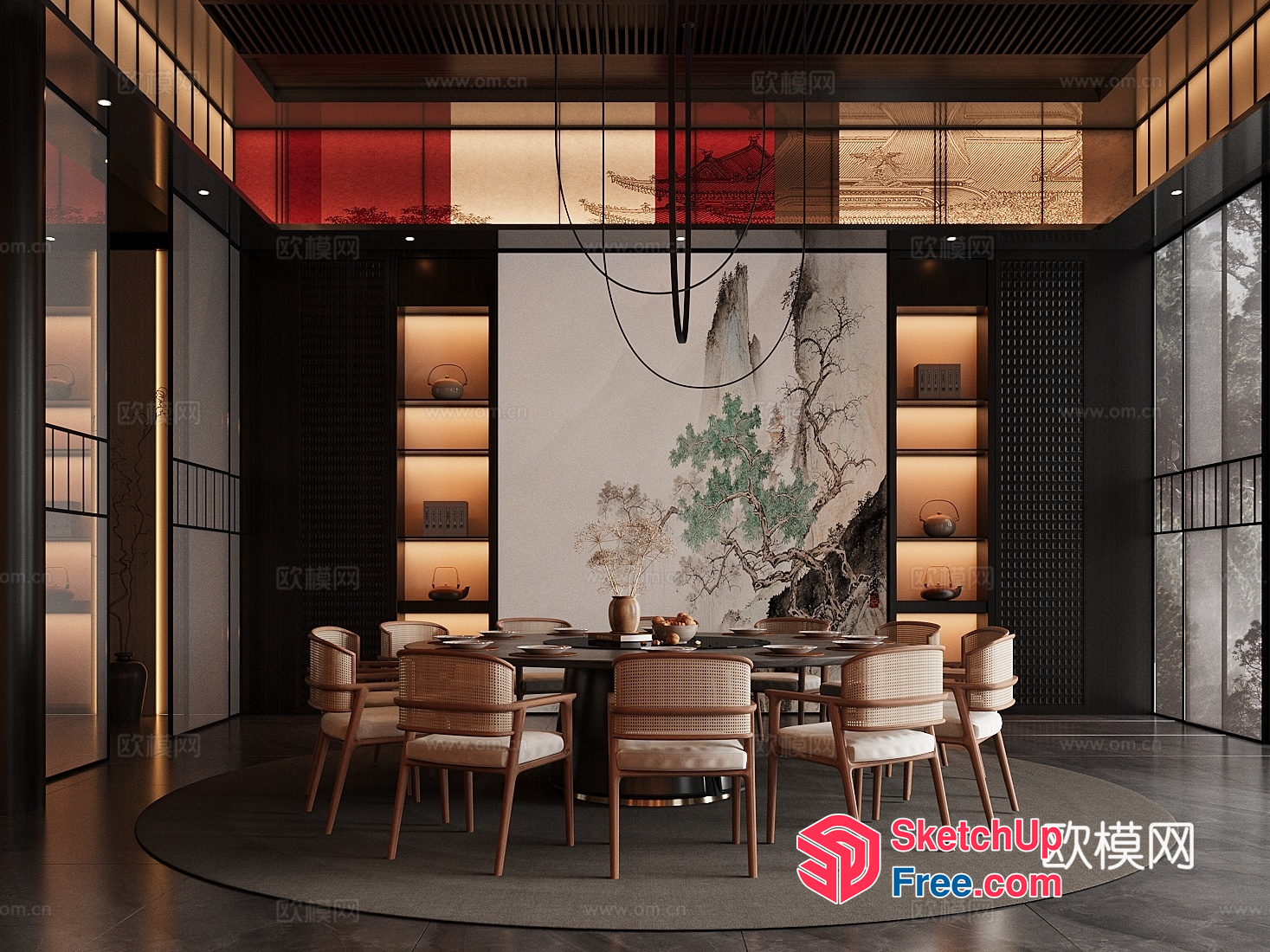 Modern Asian Dining Room With Elegant Table And Chairs 3D SketchUp File
