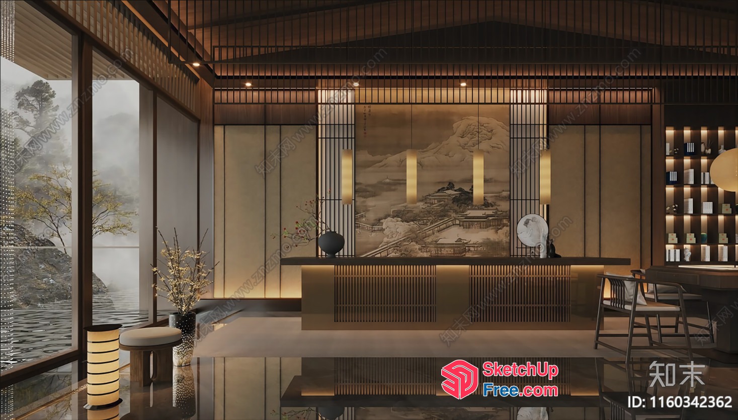 Modern Japanese-Style Interior With Large Windows And Water View 3D SketchUp File