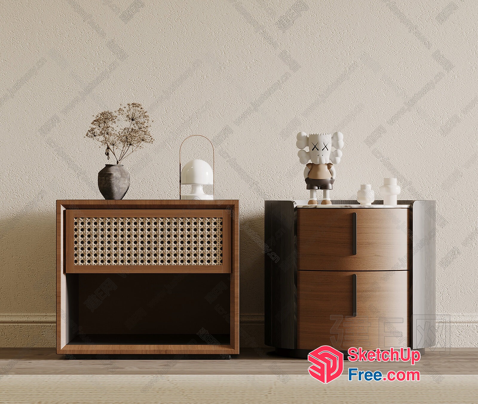 Two Nightstands And A Stool In A Neutral Color Scheme 3D SketchUp File