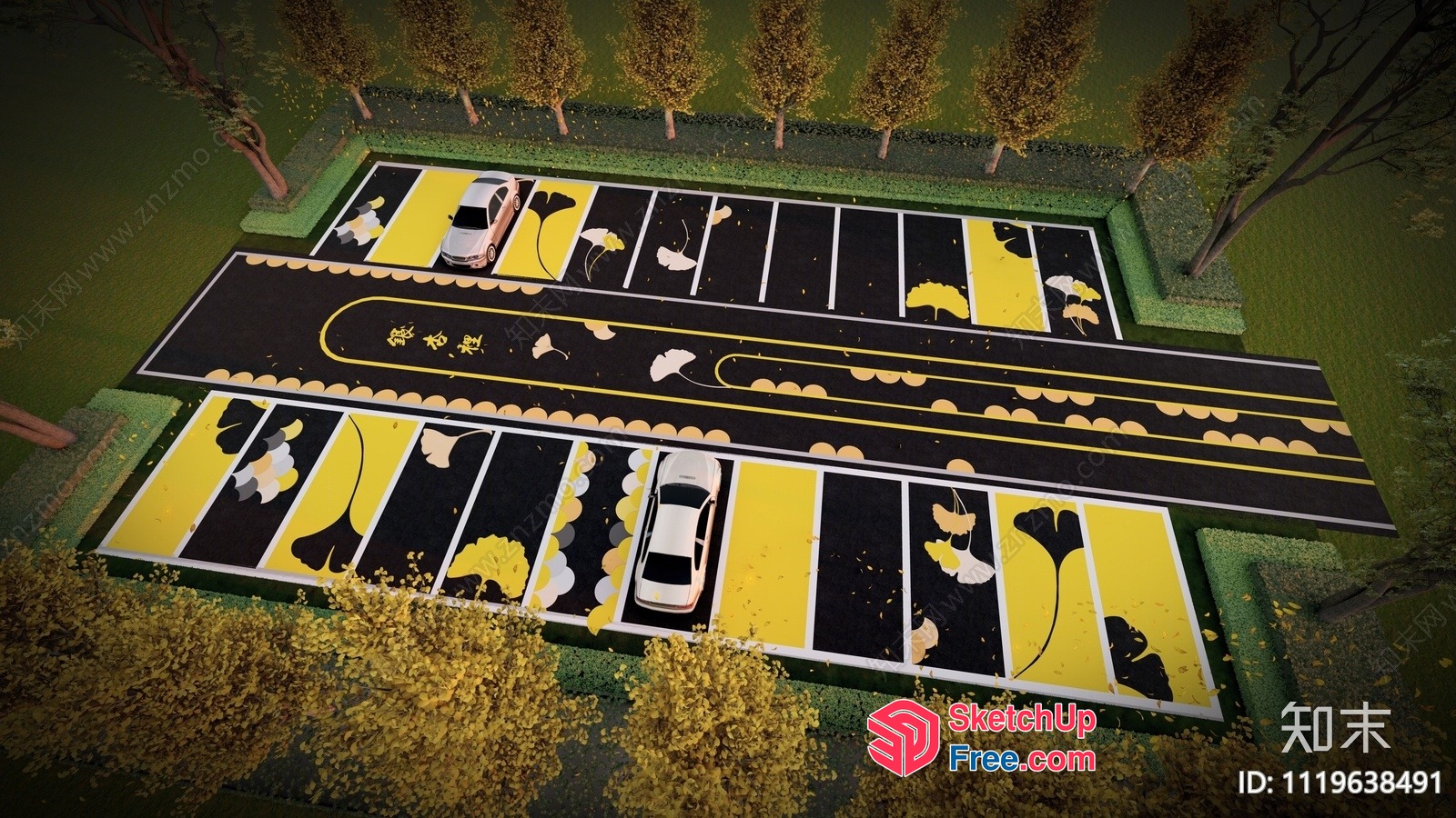 Parking Lot With Ginkgo Leaf Decorations 3D SketchUp File