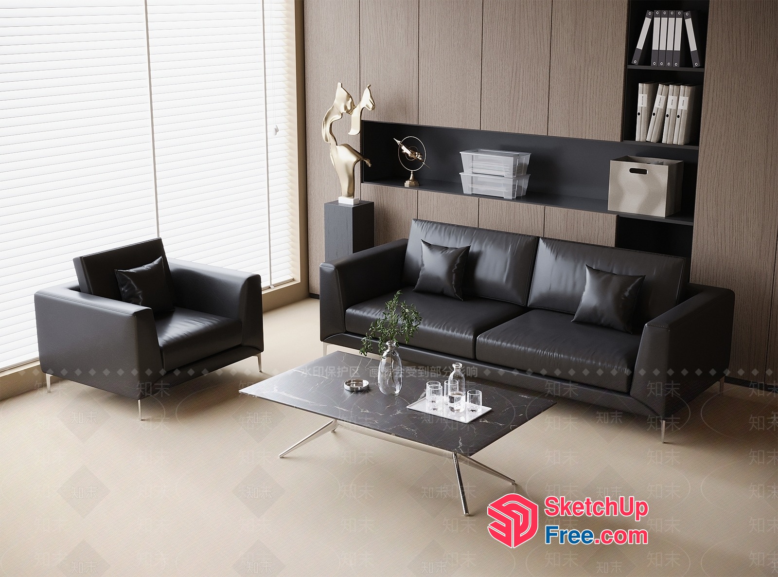 Modern Minimalist Black Leather Sofa And Chair Set 3D SketchUp File