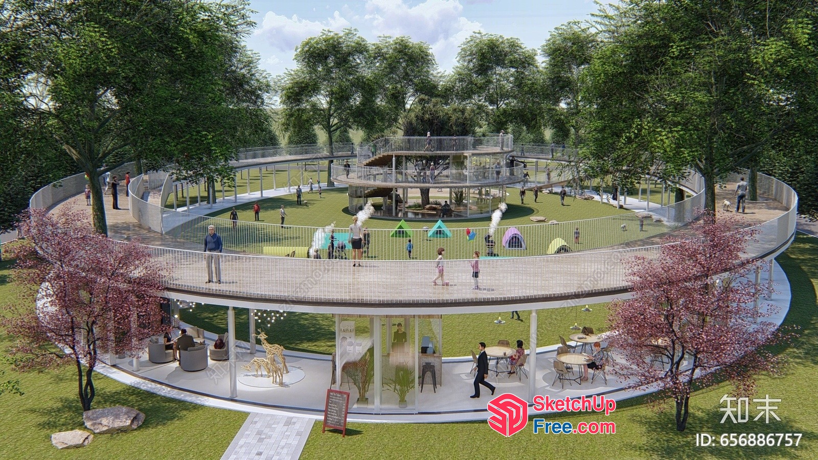 Circular Park With Railing And Trees 3D SketchUp File