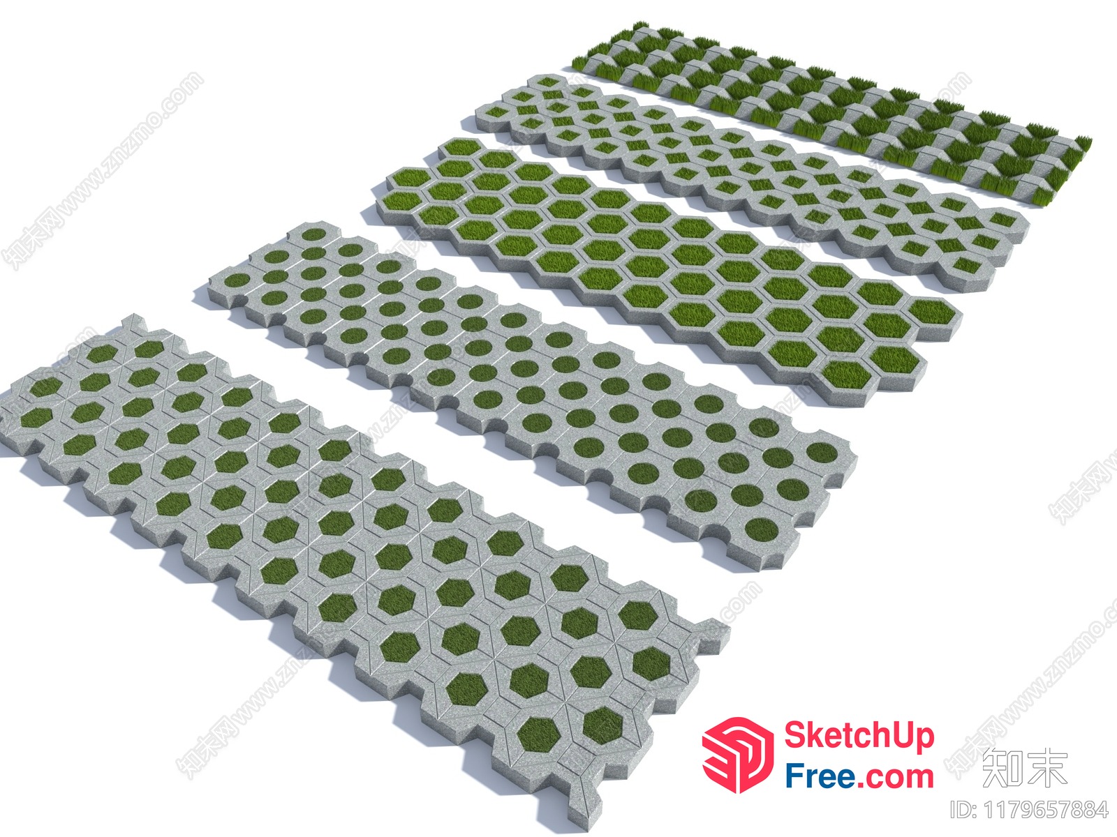 Outdoor Paving Slabs With Green Grass And Hexagonal Design 3D SketchUp File