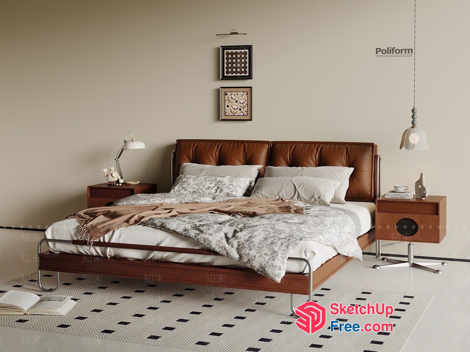Modern Bed With Leather Headboard And Wooden Frame 3D SketchUp File