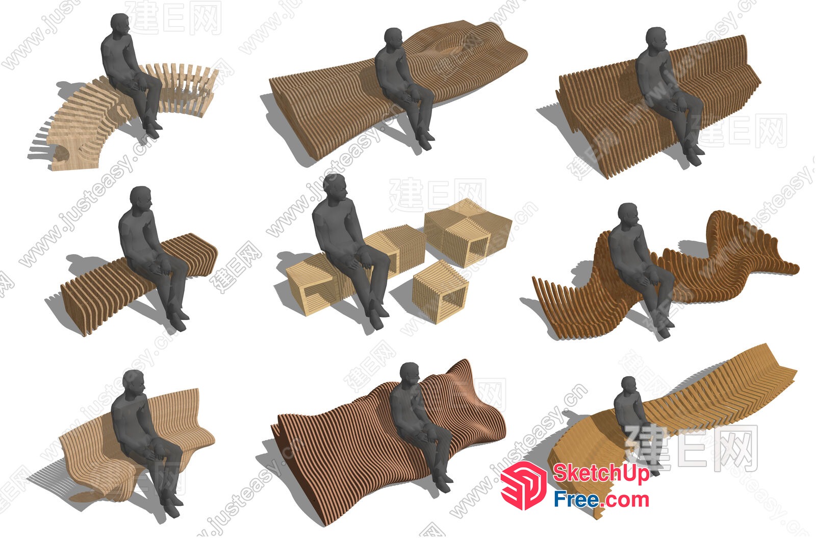 Curved Wooden Bench Designs 3D SketchUp File