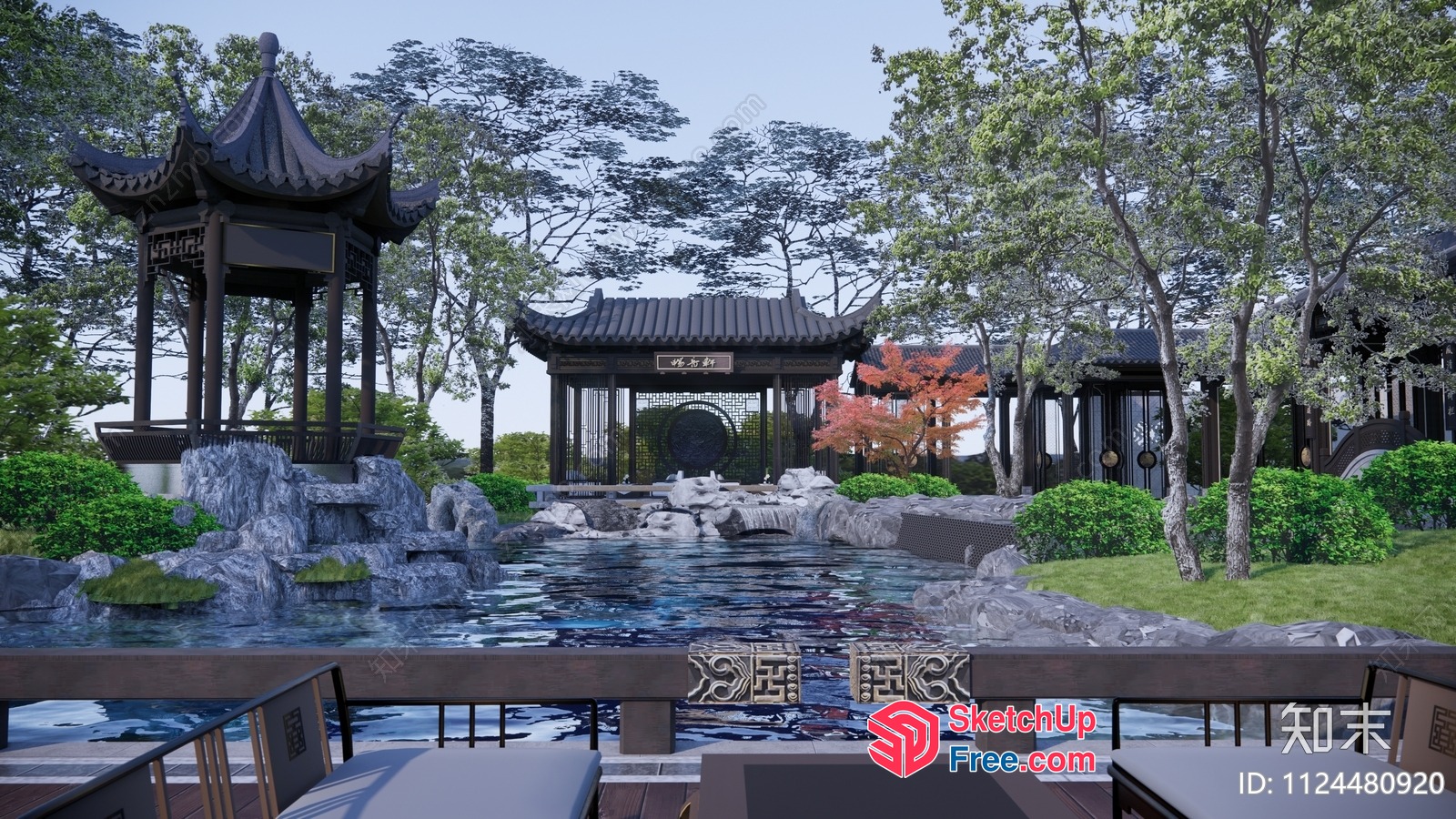 Asian-Inspired Exterior With Traditional Architecture And Water Features 3D SketchUp File