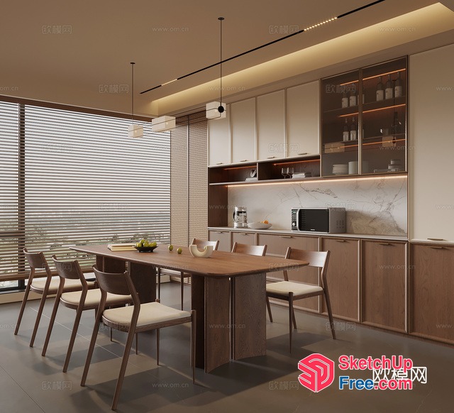 Modern Minimalist Dining Room With Large Window And Wooden Furniture 3D SketchUp File