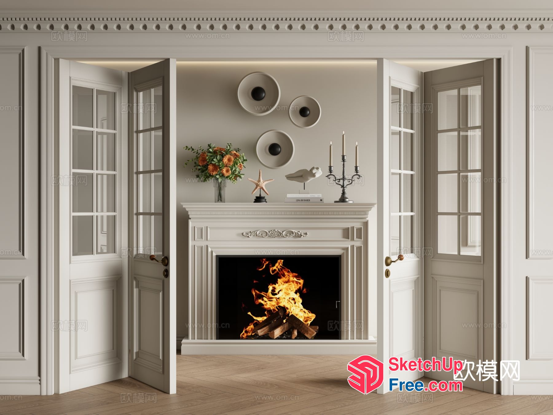 Elegant Fireplace And Mantel In Classic White 3D SketchUp File
