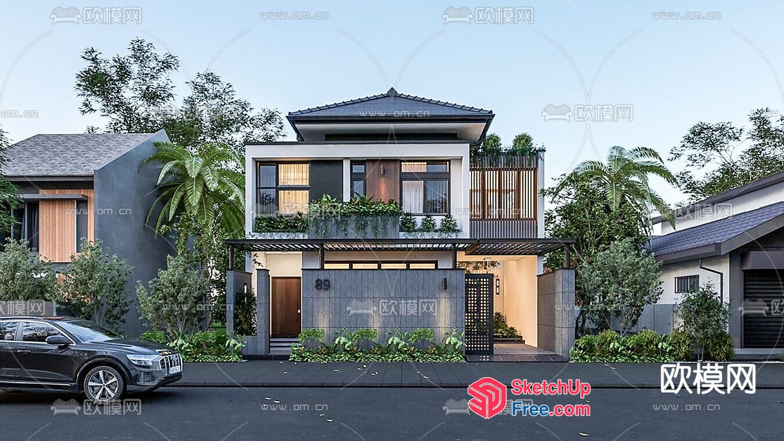 Modern Two-Story House With Balcony And Car 3D SketchUp File