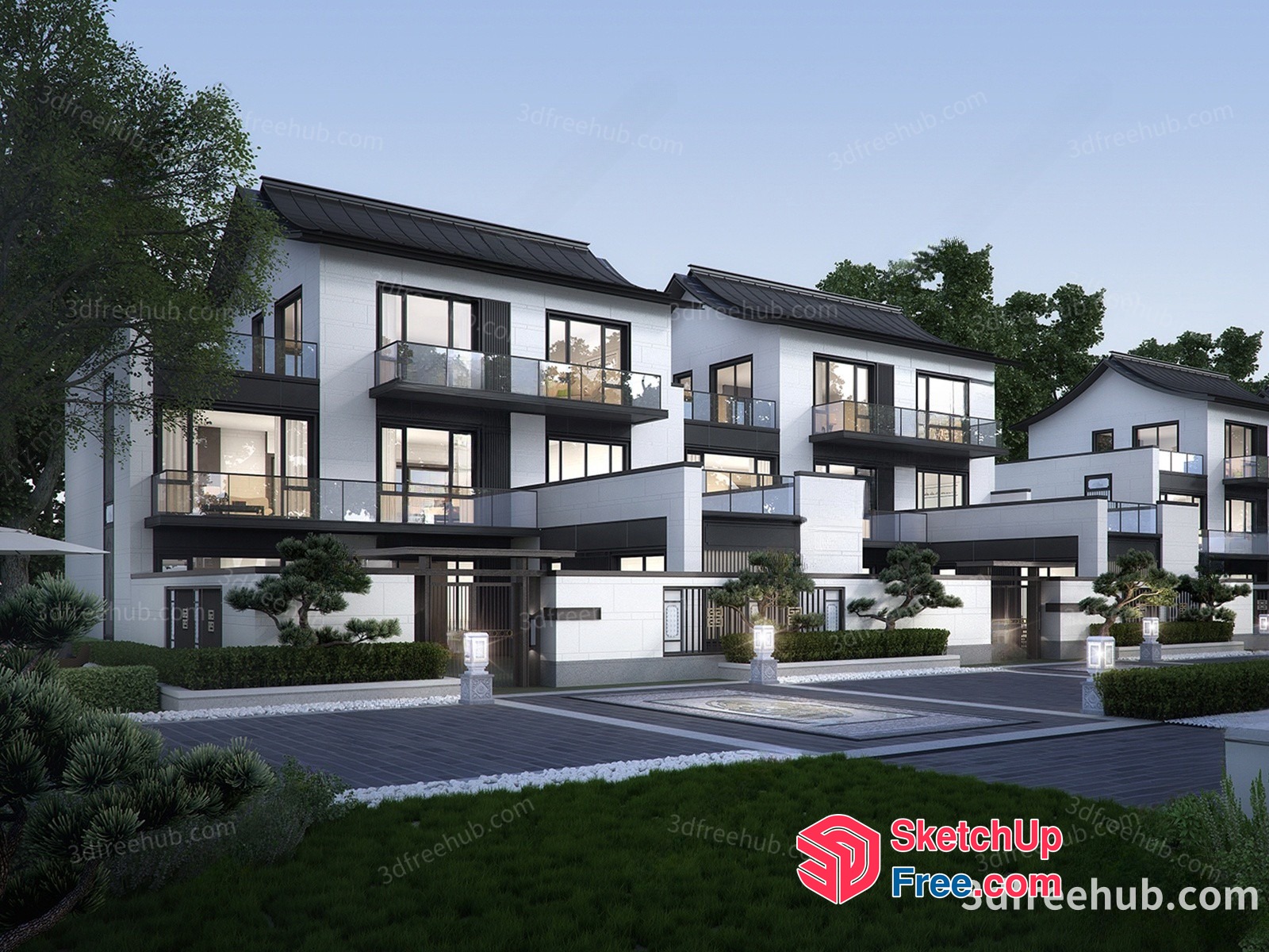 Modern Townhouse Exterior With Balconies And Greenery 3D SketchUp File