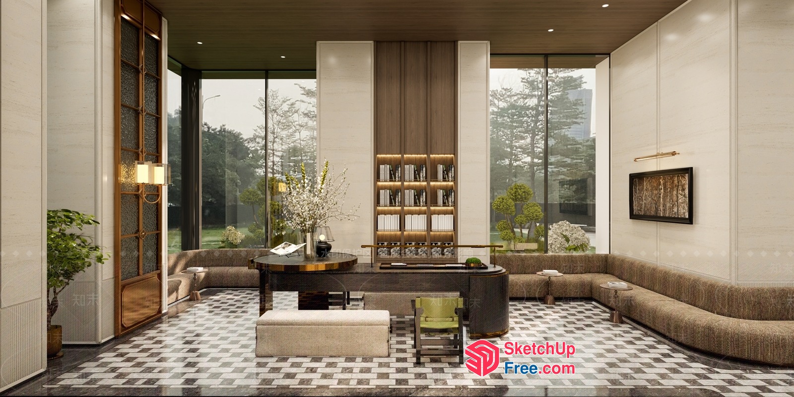 Modern Living Room With Checkered Floor And Large Windows 3D SketchUp File