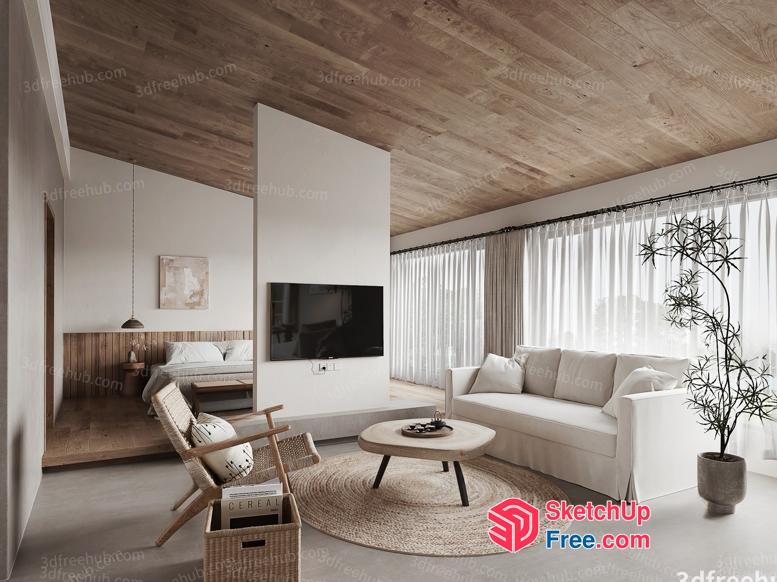 Modern Minimalist Living Room And Bedroom With Natural Wood Accents 3D SketchUp File
