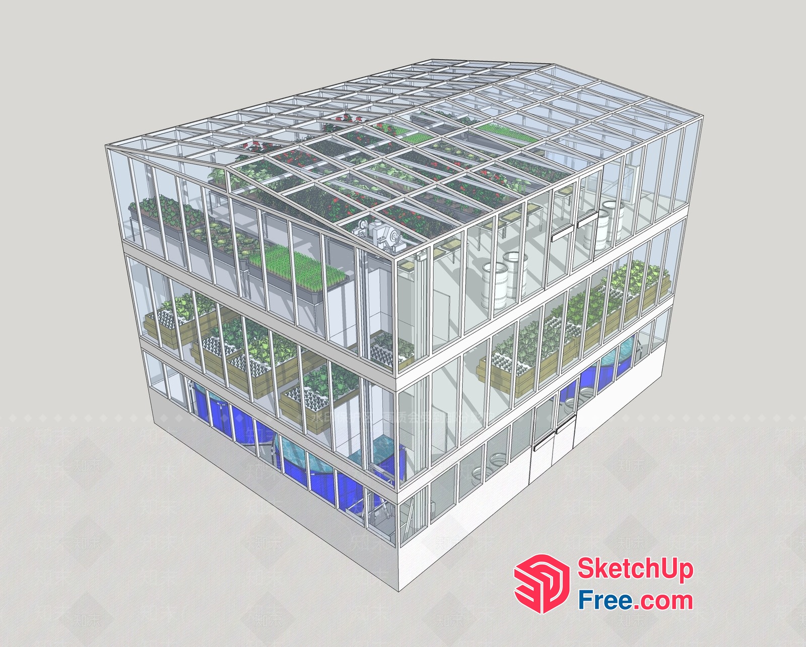 Modern Glass And Steel Building With Green Roof 3D SketchUp File