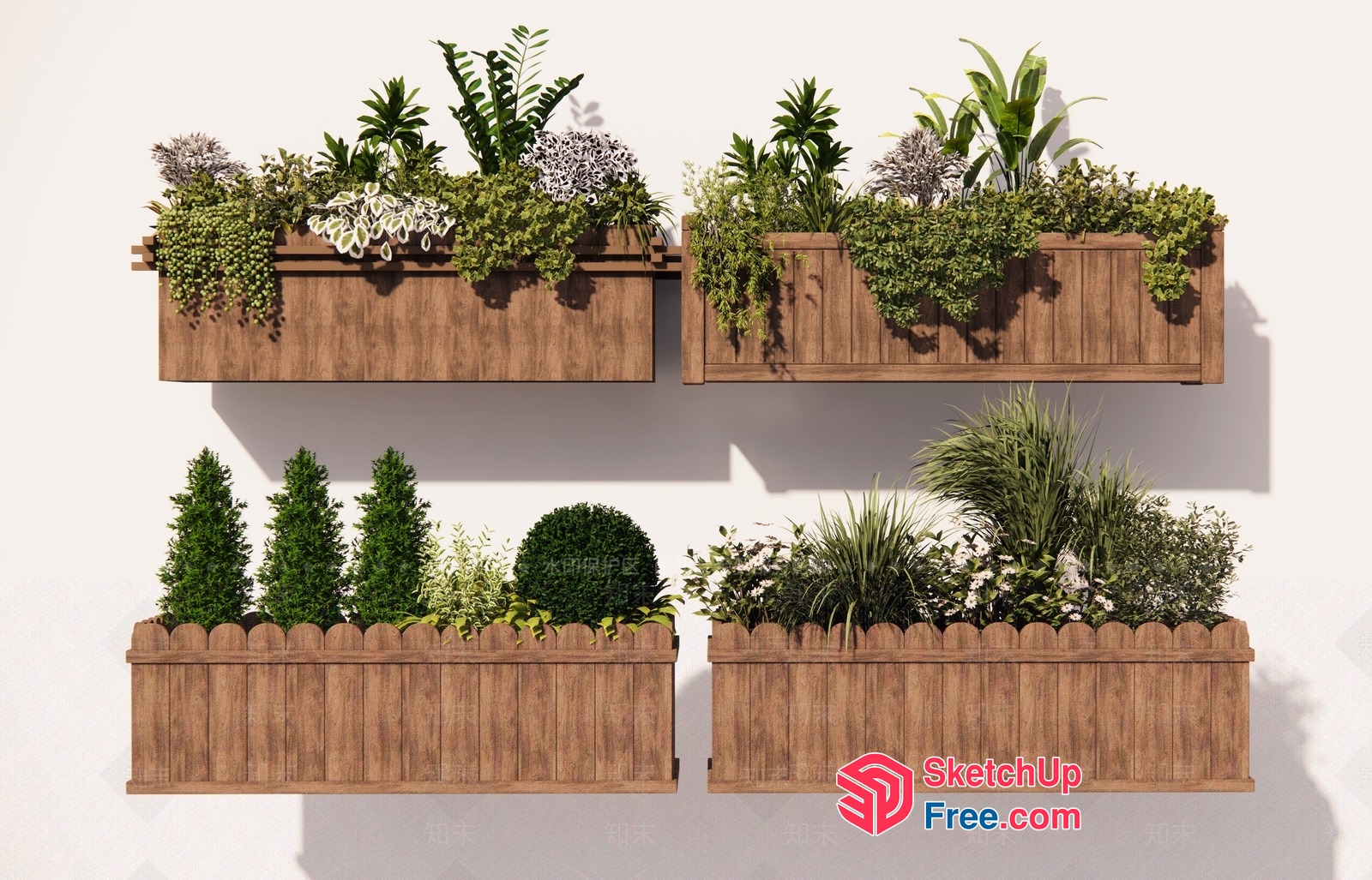 Wooden Planter Boxes With Various Plants 3D SketchUp File