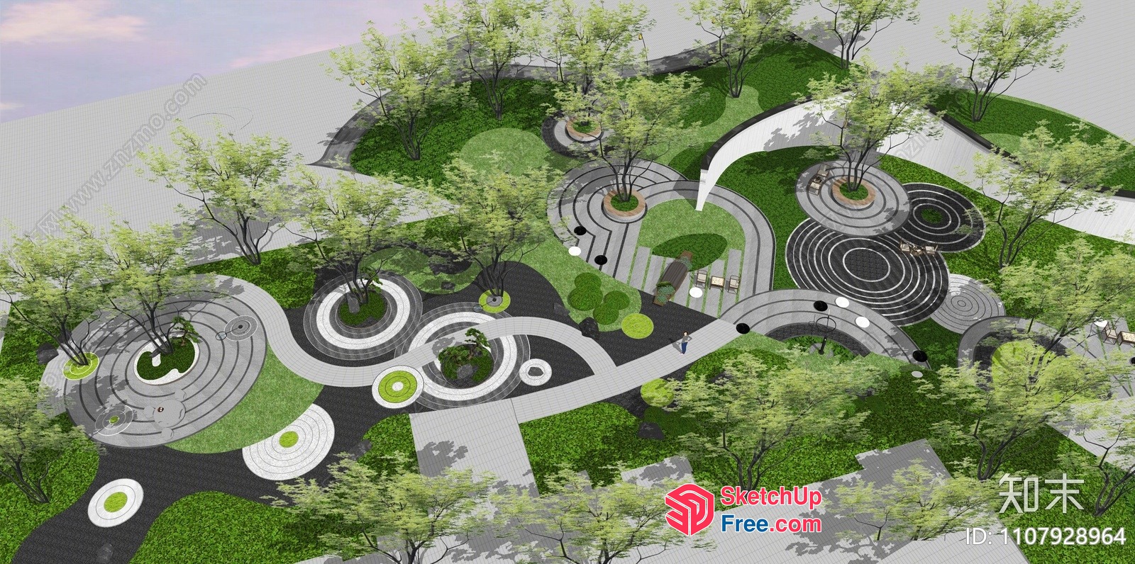 Modern Outdoor Landscape Design With Curved Paths And Greenery 3D SketchUp File