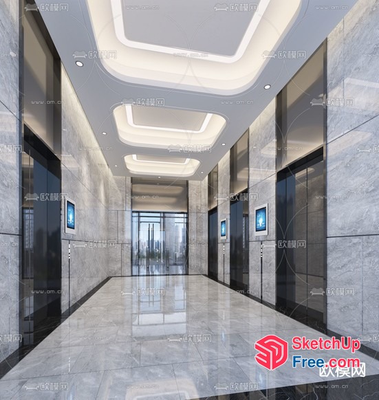 Marble-Floored Hallway With Elevators And Glass Doors 3D SketchUp File