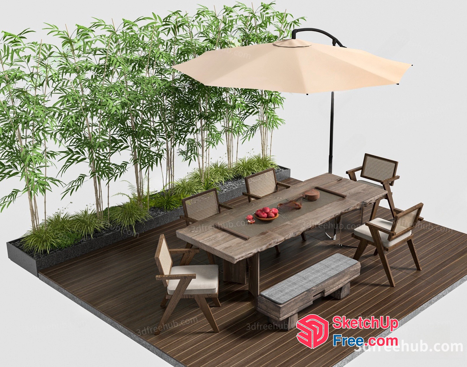 Outdoor Dining Table Set With Umbrella And Potted Plants 3D SketchUp File