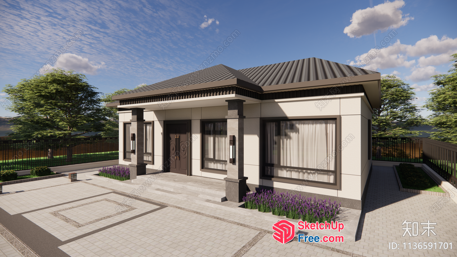 Modern Exterior Design With Pillars And Windows 3D SketchUp File
