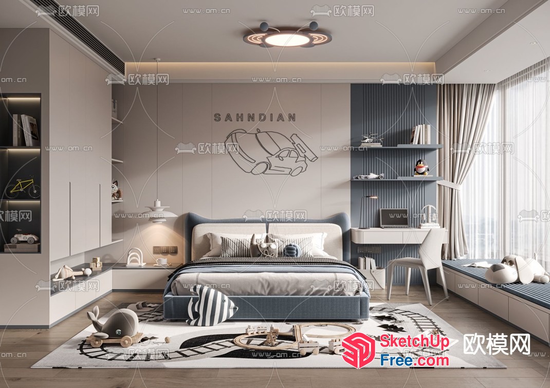Modern Grey And White Transportation-Themed Bedroom 3D SketchUp File