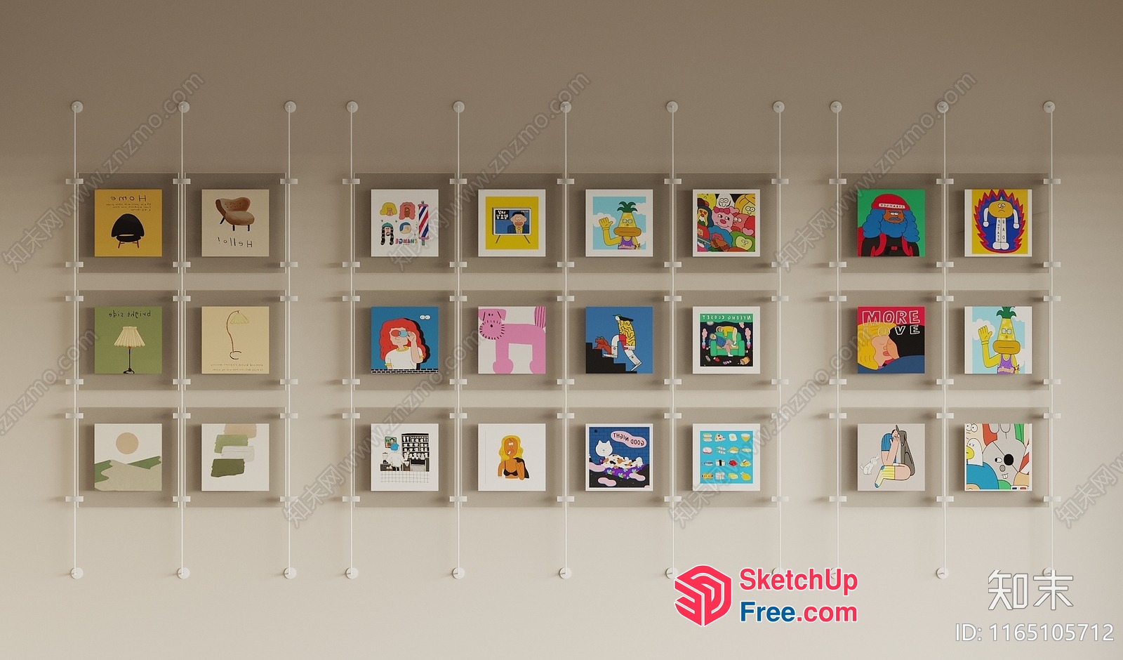 Colorful Cartoon-Themed Art Pieces On A Wall 3D SketchUp File