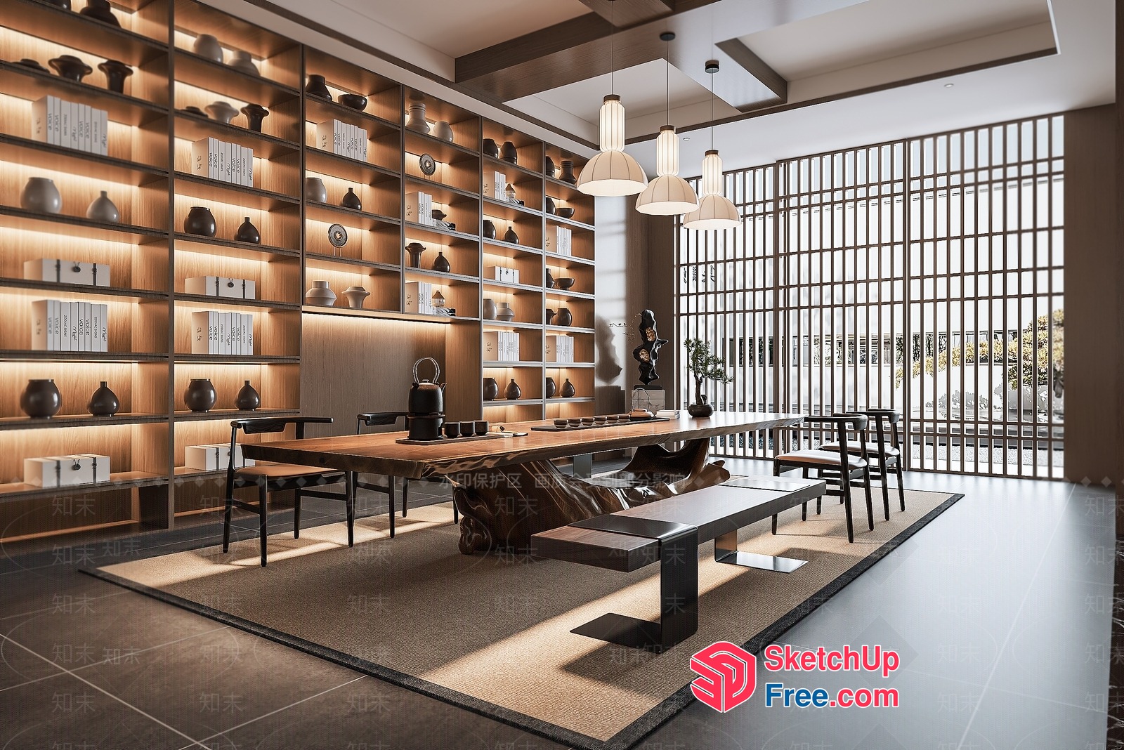 Elegant Japanese-Inspired Dining Room With Natural Wood Accents 3D SketchUp File