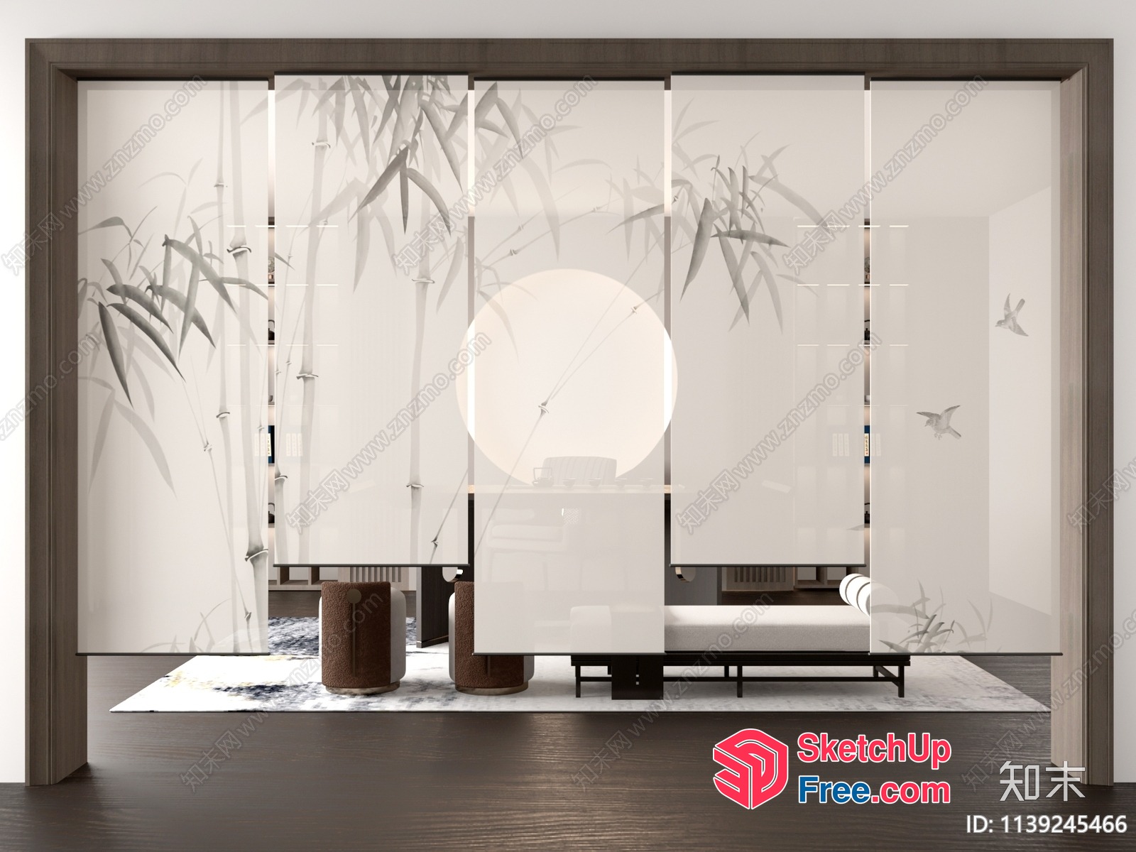 Japanese-Style Interior With Glass Curtain Wall And Bamboo Decor 3D SketchUp File