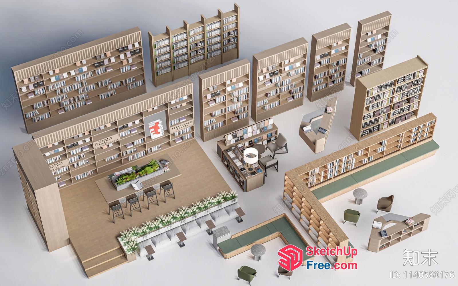 Modern Library Interior With Bookcases And Seating Areas 3D SketchUp File