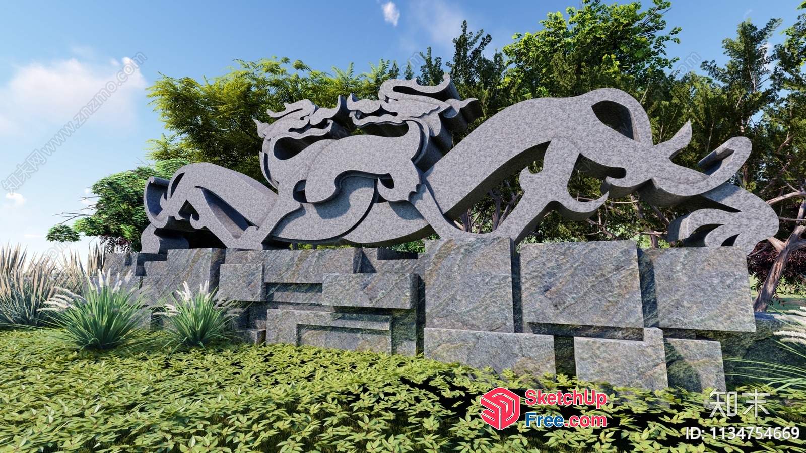Stone Dragon Sculpture In A Lush Garden Setting 3D SketchUp File