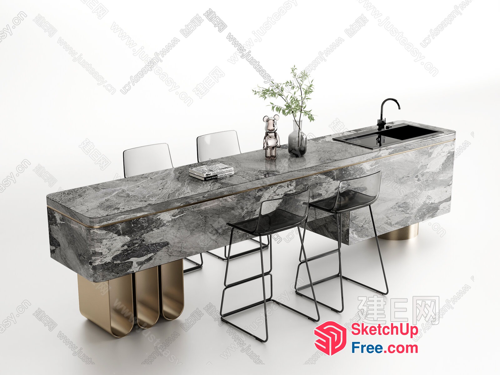 Sleek And Modern Marble Kitchen Island With Sink 3D SketchUp File