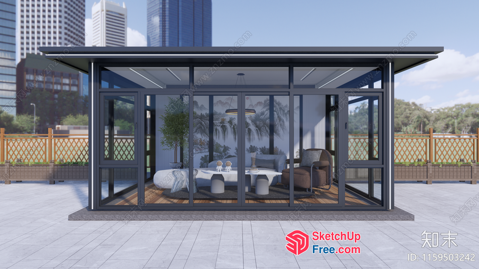 Modern Glass Room With Outdoor Furniture And City View 3D SketchUp File