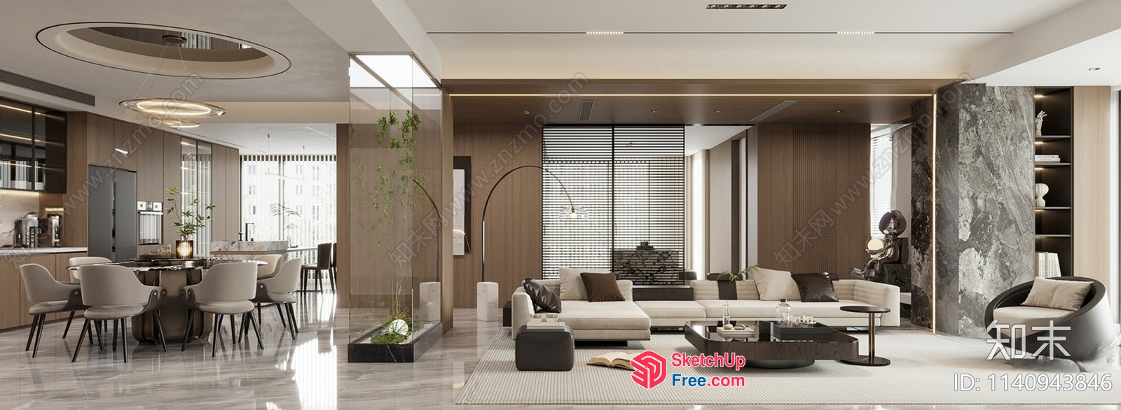 Modern And Elegant Living Room With Dining Area 3D SketchUp File