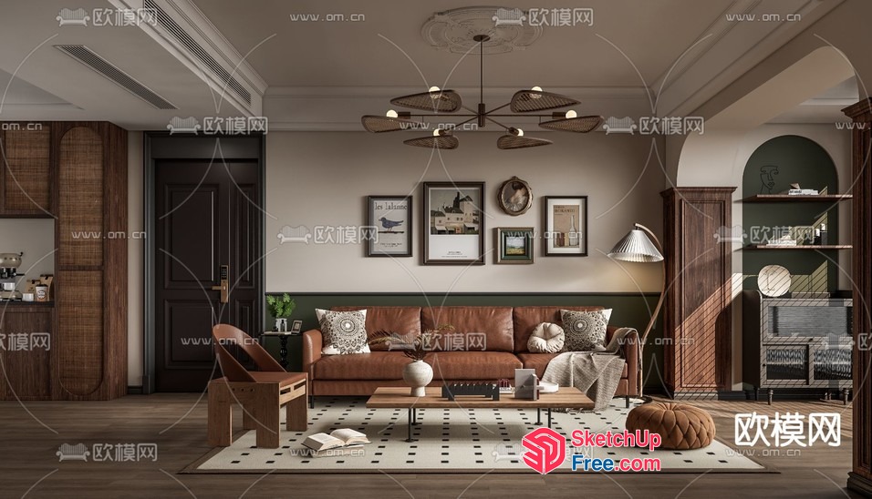 Modern Living Room With Brown Leather Sofa And Wooden Accents 3D SketchUp File