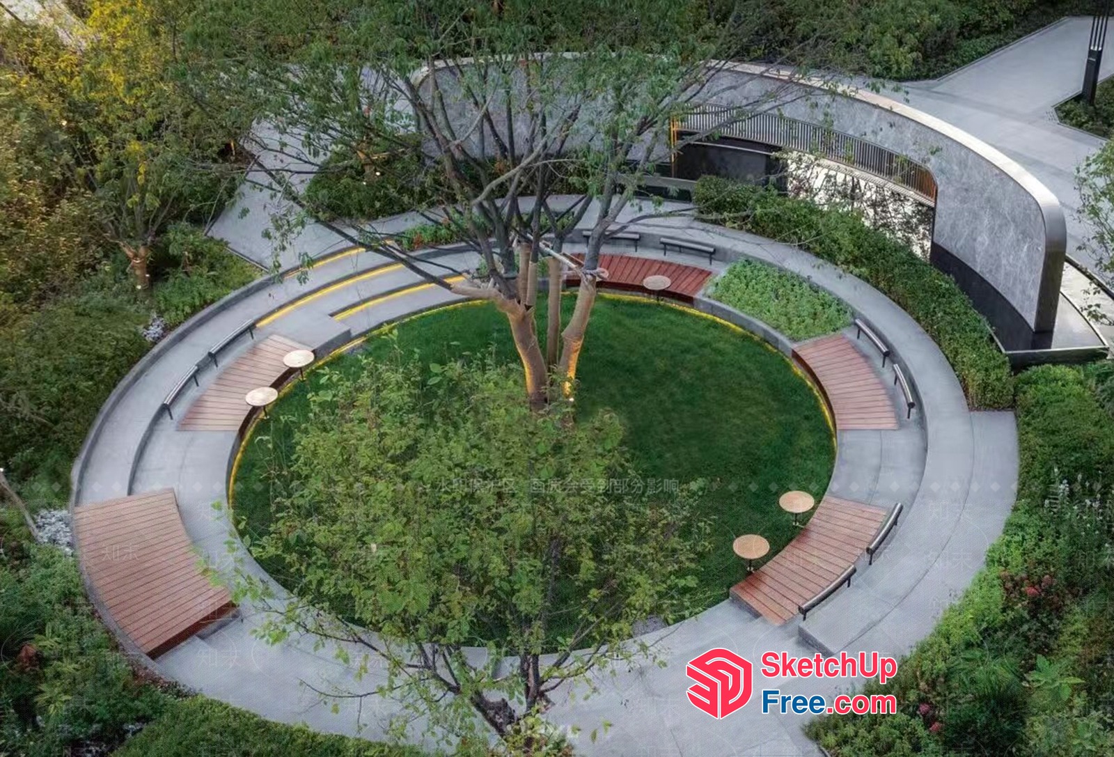 Circular Outdoor Seating Area With Tree And Greenery 3D SketchUp File